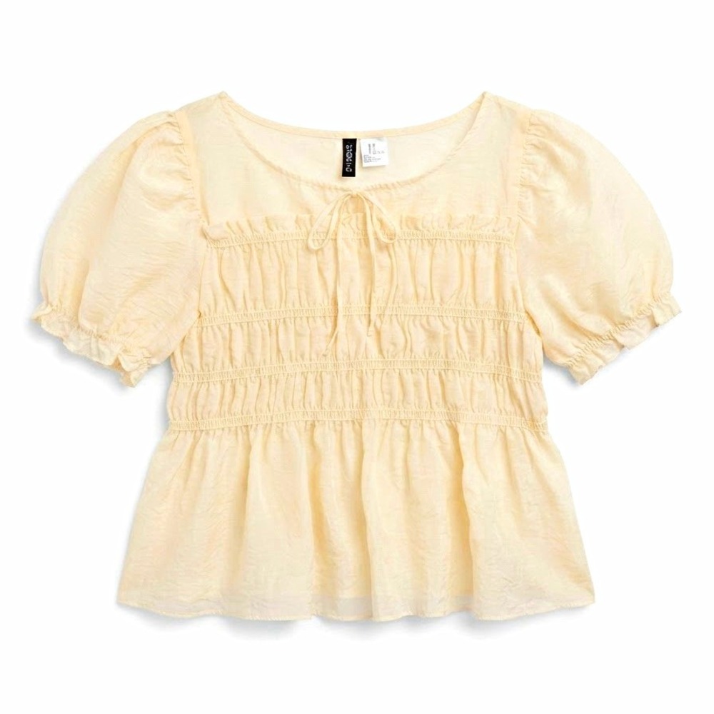 H&M Divided Womens Cream Smocked Puff Sleeve Square Neck Peplum Blouse XL